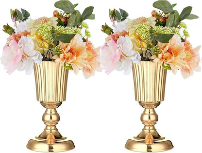 2 Pcs Gold Vase Centerpiece Table Decorations - Metal Tabletop Flower Stand, Wedding Decorations for Reception, 10.7in Trumpet Tall Flower Vase for Birthday, Weddings, Anniversary Ceremony, Home Decor