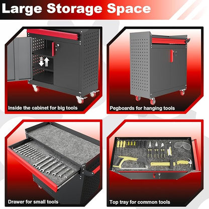 Metal Garage Storage Cabinet with Wheels,Lockable Storage Cabinets with Adjustable Shelf,Steel Tool Locker with Pegboard and Handle for Garage,Warehouse