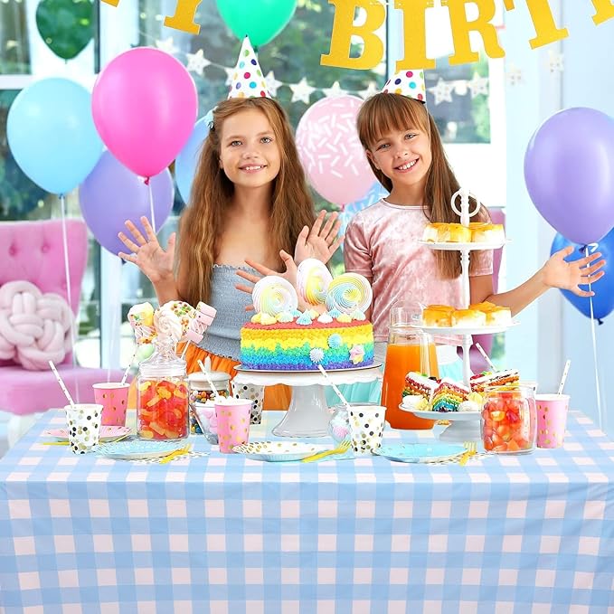 Kesfey 3 Packs Light Blue Gingham Tablecloth Pale Blue and White Checkered Tablecloths 54 x 108 Inches Disposable Plastic Gingham Tablecovers Waterproof Rectangle Picnic Table Cover for Birthday Party