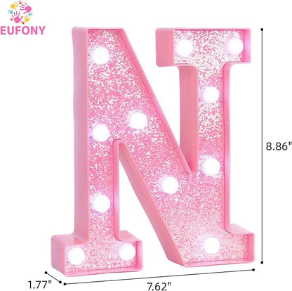 Pink LED Marquee Light Up Letters, Glitter Alphabet Letter Lights for Birthday Party Decorations, Battery Operated Letter Signs for Girls Room Table Decor, Pink letter N with Cool White Lights