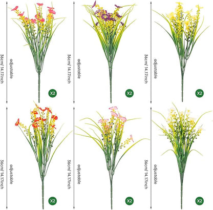 12 Bundles Artificial Outdoor Flowers Lifelike UV Resistant Fake Plastic Plants Indoor Outside Hanging Plants Garden Porch Window Box Decor (Mix 6 Colors)