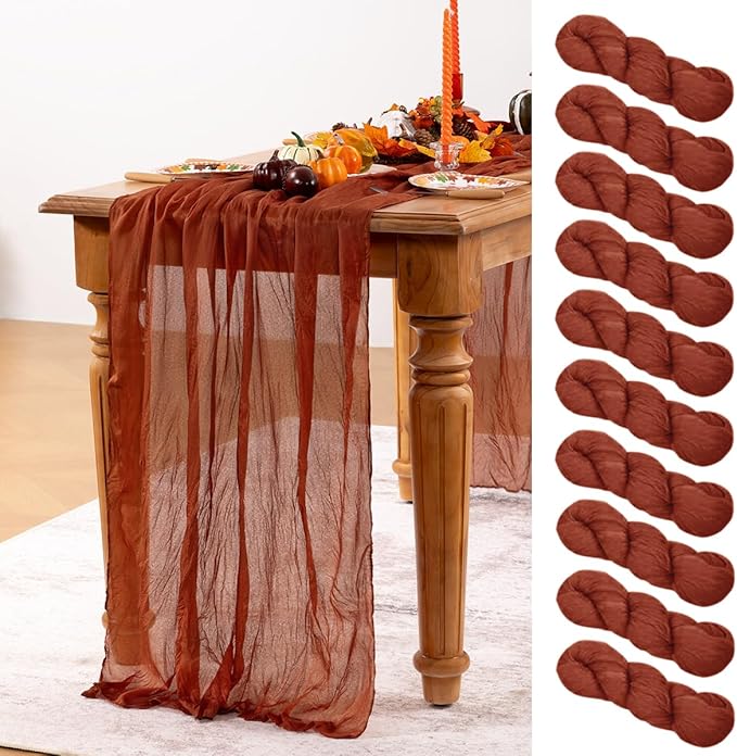 Terracotta Cheesecloth Table Runner Burnt Orange 10 Pack Christmas Table Runners 120 Inches Rust Cheese Cloth Table Decor for Xmas Holiday Season Parties Wedding Bridal Baby Shower Party
