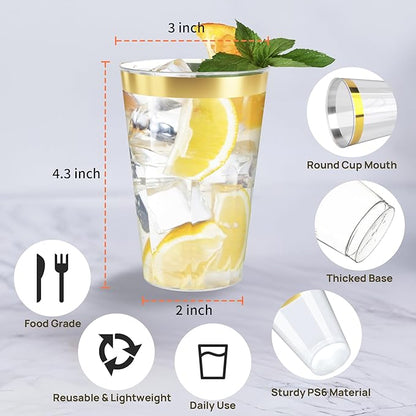 12oz Clear Plastic Cups with Gold Rimmed Sturdy & Food Safe Disposable Wine Glasses Wedding Cups Party Cups Plastic Cocktail Glasses for Wine, Juice, Cocktails and Cold Beverages [100 Pack]