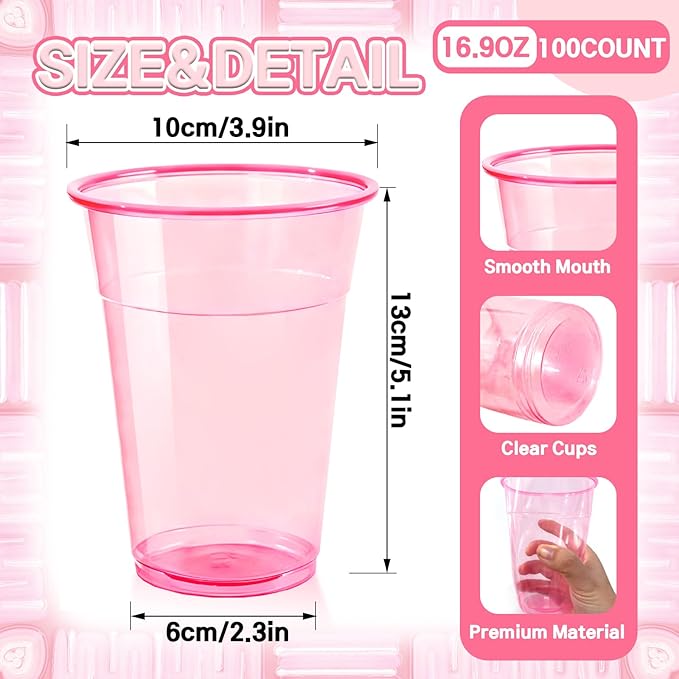 Haawooky 100 Pcs 16 oz Disposable Pink Plastic Cups,Neon Glowing Plastic Party Cups,Bulk Pink Clear Wine Glasses for Valentines Birthday Wedding Bachelorette Party
