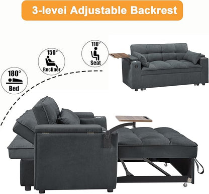 66" Multi-Functional Pull-Out Sofa Bed with Hidden Side Table, Storage Armrests, Built-in Charging Port, Spring Mattress, Solid Wood Frame – Ideal for Small Spaces, Easy Assembly