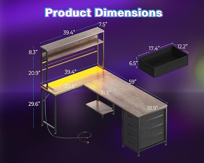 AODK L Shaped Desk Gaming Desk with LED Light & Power Outlet, 59 Inch Reversible L Shaped Computer Table with 4 Drawers for Home Office, Grey