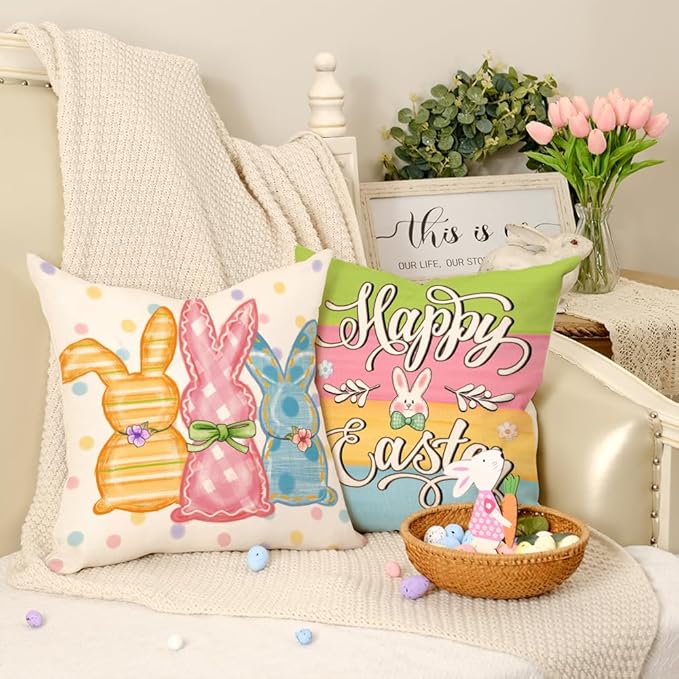 GEEORY Happy Easter Bunny Kisses Easter Wishes Throw Pillow Covers 18x18 Inch Set of 4, Stripes Spring Decorative Farmhouse Holiday Cushion Case for Home Decoration (Rainbow Carrots) G681-18