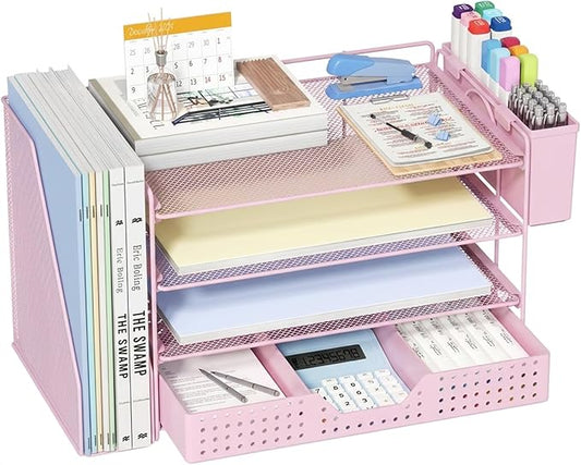 Desk Organizer, 4-Tier Paper Organizer Letter Tray with File Holder, Drawer and 2 Pen Holders, Desktop File Organizer for Office Supplies, Workspace Storage, Pink