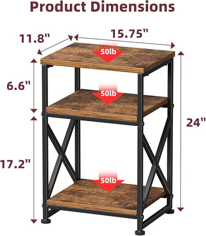 Simple Trending Side Table, End Table Living Room, Bedside Table for Sofa Couch, Nightstand with 3 Tiers Open Shelves, Rustic Brown
