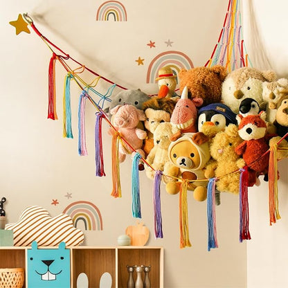 Stuffed Animal Hammock Corner Storage Net Cute Preppy Trendy Stuff Gifts for Teen Girls Baby Room Wall Nursery Decor Rainbow Color Colorful Unicorn Hanging Organizers XL Large