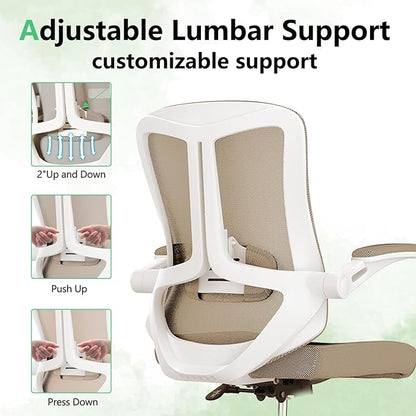 Ergonomic Office Chair with Lumbar Support, High Back Mesh Desk Chair with Flip-Up Arms, Adjustable Computer Task Chair, Khaki