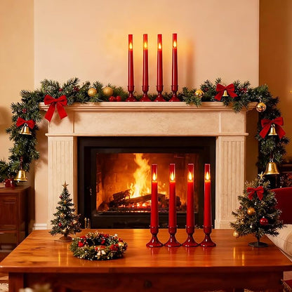 Lezonic Flameless Windows Candles Battery Operated with Timer Remote, 6Pcs Red Acrylic Flameless Candlesticks with Holders, LED Taper Candles Flickering for Halloween Christmas, 0.8 x 8 inches