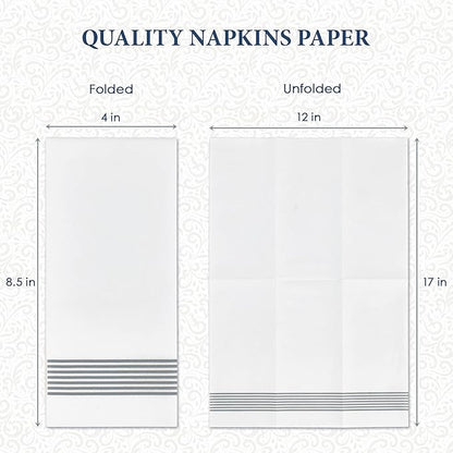 LITOPAK 100 Pack Guest Towels Disposable, Soft And Absorbent Bathroom Napkins, Paper Guest Towels for Bathrooms, Party, Wedding or Events. White and Silver