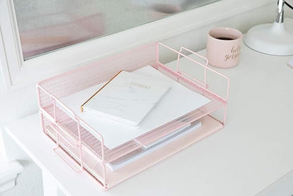 BLU MONACO | Paper Tray Stackable Pink Mesh Set of 2 | Stackable File Trays for Desk Organization | Tiered Desk Organizer with Metal Letter Trays and Workspace Organizer
