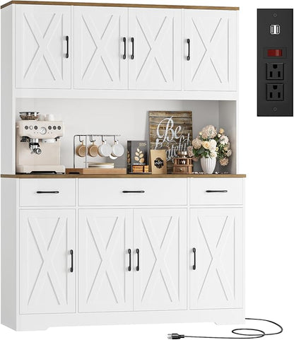 HOSTACK 71" Tall Pantry Cabinet with Charging Station, 55" Wide Kitchen Pantry Storage Cabinet with Countertop, Large Kitchen Hutch with Storage Drawers and Microwave Stand for Dining Room, White