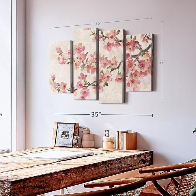 Elephant Stock Cherry Blossom Composition I Wall Art - Horizontal Canvas - 4-Piece Living Room Wall Decor - Branch Painting Canvas Print - Pink and Green Decor for Wall by Tim O'Toole - 36" X 22"