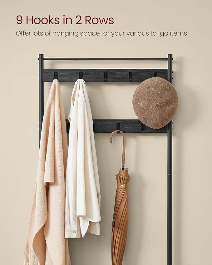 VASAGLE Coat Rack, Hall Tree with Shoe Storage Bench, Entryway Bench with Shoe Storage, 3-in-1, Steel Frame, for Entryway, 12.6 x 27.6 x 68.9 Inches, Industrial, Charcoal Gray UHSR041B01