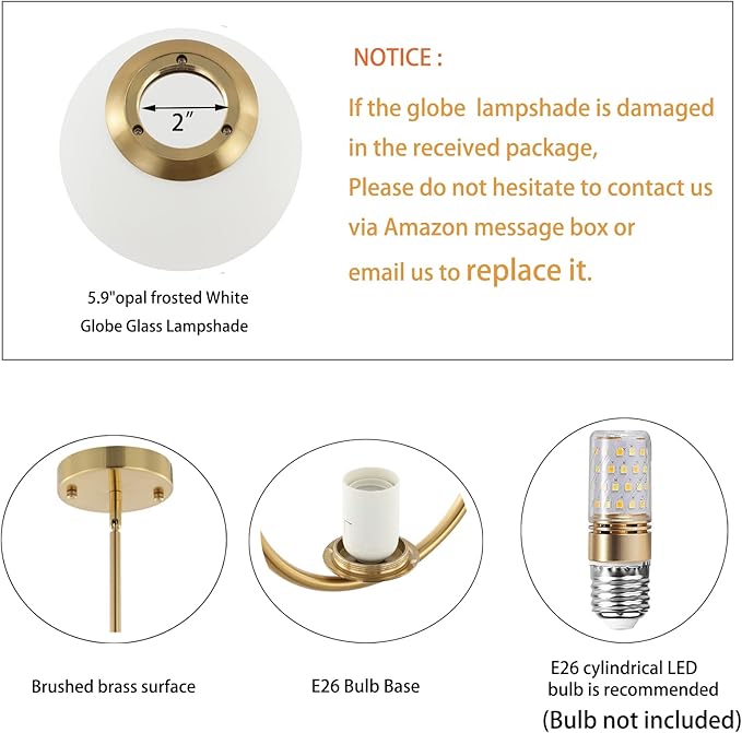 Modern Gold Globe Pendant Light Mid Century Chandelier 1-Light Brushed Brass Ceiling Hanging Lighting Fixture with White Globe Glass Lampshade for Kitchen Island Dining Room Bedroom (2 Pack)