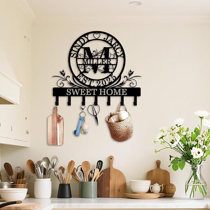 Custom Key Holder for Wall, Personalized Key Rack Wall Mount with Monogram Design, Key Rack Holder Wall Mount for Living Room Bedroom, Housewarming Wedding Gift (02-Monogram)