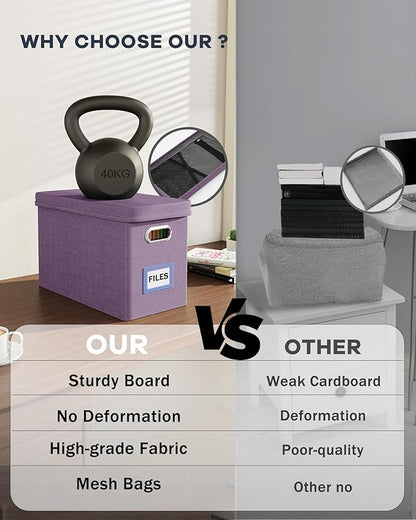 Oterri File Organizer with Lid, Hanging Filing Box with Mesh Pocket, Document Organizer for Letter Files, Portable Storage Box for Office & Home (1 PCS, Taro Purple)