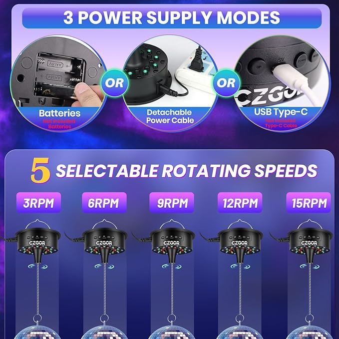 Disco Ball Motor with Light with Remote, Rotating 0/3/6/9/12/15 RPM Adjustable Speed, 16ft Detachable Power Cable/Battery/USB-C Power Mode, Supports 4'' - 16'' Mirror Balls for Party Christmas Wedding