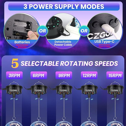 Rotating Disco Ball Motor Light with Remote, Czgor 3-15 RPM Adjustable Speed, 30 RGB LEDs, Detachable Cable/Battery/USB-C Power Mode, Supports 4'' - 16'' Mirror Balls for Party Bands Christmas Wedding