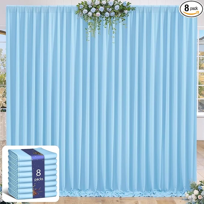 32 x 10ft Baby Blue Backdrop Curtain for Baby Shower Blue Photo Backdrop Curtains Wrinkle Free Drapes for Backdrop Soft Long Curtains for Backdrop Decoration Birthday Parties Wedding Baptism, 8 Panels