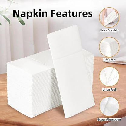 KAMMAK White Dinner Napkins Disposable Cloth Like Paper Napkins Folded with Pocket 100 Pack Guest Hand Towels for Party Decoration, Wedding Reception, Bathroom, Kitchen (16.5 x 16.5 inch)