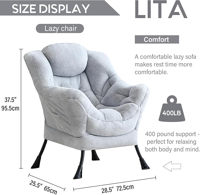 LITA Lazy Chair with Armrests and Side Pocket, Modern Upholstered Accent Reading Chair for Living Room, Bedroom, Dorm, Small Spaces, Single Plush Grey