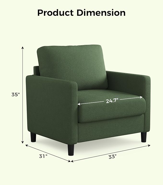 Sofa Reading Chair,33" Accent Chair for Bedroom, Tool-Free Setup Living Room Accent Chairs, Comfy Arm Chairs Living Room, All-Wood Reading Nook, Green