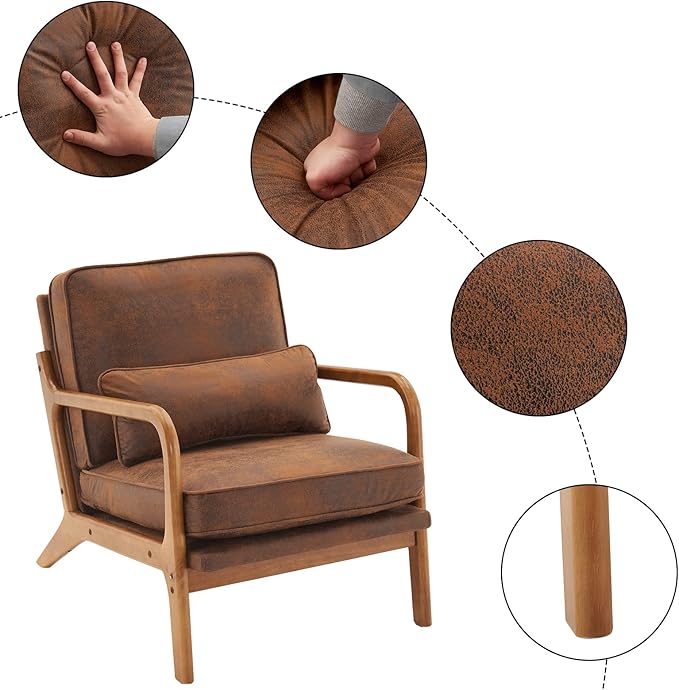 Bonnlo Microfiber Rustic Mid Century Modern Accent Chair, Soild Wood Padding Lounge Armchairs Side Sitting Chairs for Living Room, Bedroom, Guest Room