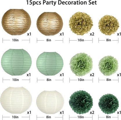 15pcs Hanging Party Decorations Set, Sage Green Gold Paper Flowers Pom Poms Balls and Paper Lanterns for Rustic Party Bridal Shower Wedding Sage Green Birthday Party Supplies