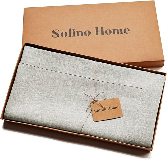 Solino Home Linen Tablecloth 60 x 132 Inch - 100% Pure Linen Oyster Grey Table Cloth for Rectangle Tables - Athena, Machine Washable Tablecloth for Fall, Autumn
