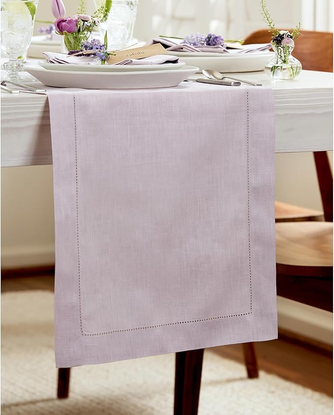 Solino Home Linen Lilac Table Runner 156 Inches Long - 100% Pure Linen Extra Long Table Runner 14 x 156 Inch for Fall, Autumn, Thanksgiving, Christmas - Classic Hemstitch