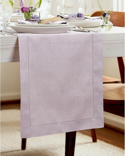Solino Home Linen Lilac Table Runner 156 Inches Long - 100% Pure Linen Extra Long Table Runner 14 x 156 Inch for Fall, Autumn, Thanksgiving, Christmas - Classic Hemstitch