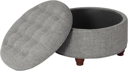Homepop Home Decor |Button Tufted Woven Round Storage Ottoman | Ottoman with Storage for Living Room & Bedroom (Gray Woven)