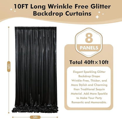 40ftx10ft Shimmer Black Sequin Backdrop Curtain for Parties, Thick Wrinkle Free Glitter Backdrop Drapes Photo Back Drop Curtains for Birthday Wedding Halloween Photography Background-8 Panels 5x10ft