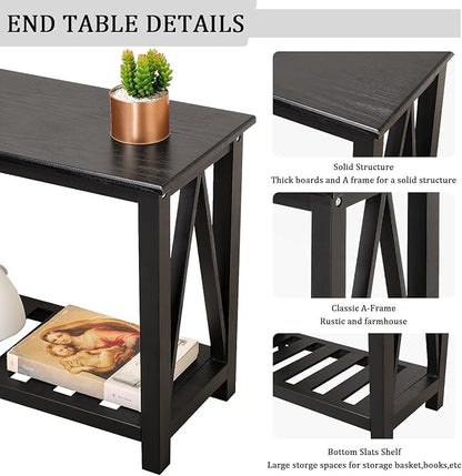Narrow Side Table with Storage Shelf 2 Tier Wooden Nightstand Bedside Tables for Small Spaces Black Modern Accent Sofa Side Tables for Couch Living Room Bedroom Entryway