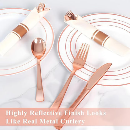 100 Pack Pre Rolled Rose Gold Plastic Silverware Set,Wrapped Plastic Cutlery Set with Napkin Include 100 Forks,100 Spoons,100 Knives and 100 White Napkins for Party, Wedding,showers