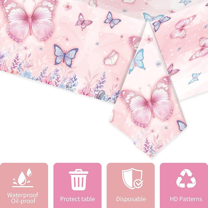 2 Pack Butterfly Tablecloth Plastic 54 X 108Inch, Butterfly Birthday Party Decorations Table Cloth Disposable Rectangle Table Covers for Girls Birthday Party Supplies