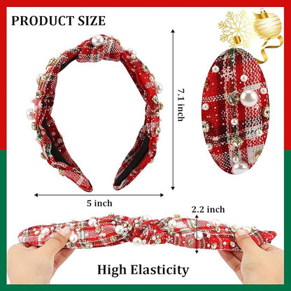 CUBACO 2 Pcs Christmas Headband for Women White Pearl Rhinestone Crystal Jeweled Embellished Hairband Wide Top Knot Headpieces Christmas Holiday Party Decoration Accessories(Red Green Plaid Headband)