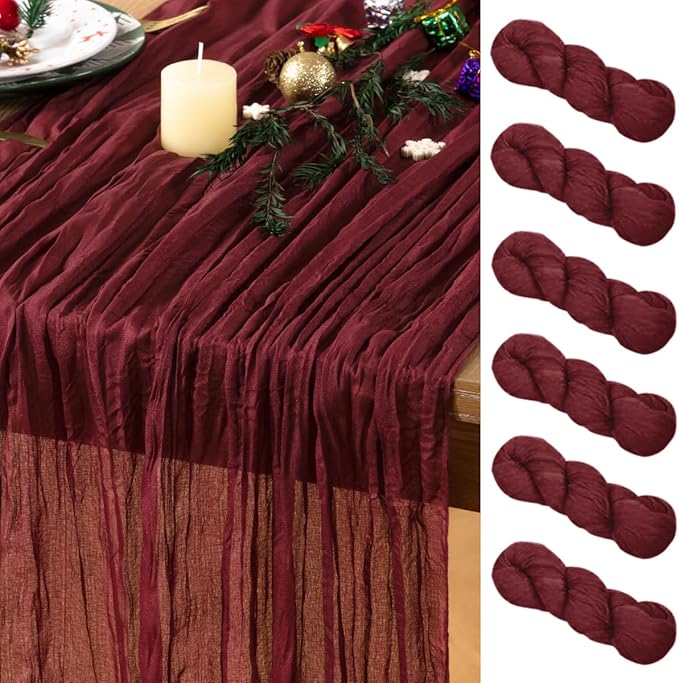 Burgundy Red Cheesecloth Table Runner 6 Pack Christmas Red Table Runners Boho Gauze 120 Inches Cheese Cloth Table Decor for Xmas Holiday Season Parties Weddings Candlelight Dinner