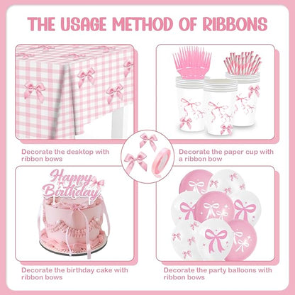 190PCS Pink Bow Party Supplies Birthday Decorations Coquette Disposable Plates Napkins Set, Banner, Hanging Swirls, Tablecloth, Cake Topper, Balloon, Honeycomb Centerpieces Table Decorations