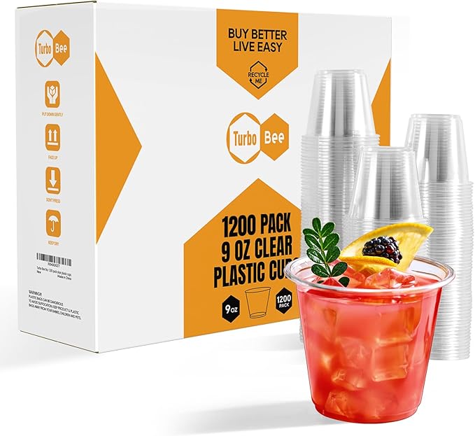Turbo Bee 1200 Pack 9 OZ Clear Plastic Cups Bulk, 9 Ounce Disposable Water Cold Drinking Cups Tumblers For Party, Thanksgiving, Halloween, Christmas, and Events