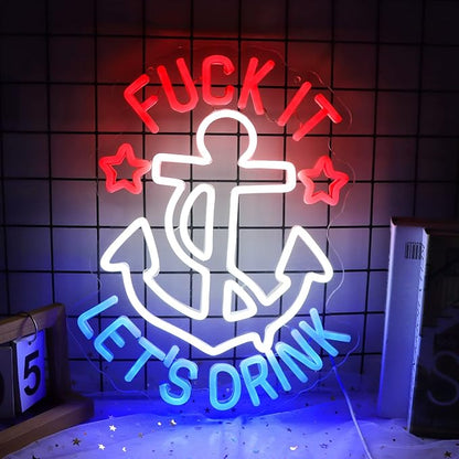 JFLLamp FUNK IT LET'S DRINK Neon Signs for Wall Decor Anchor Decor Neon Lights for Bedroom Led Signs Suitable for Man Cave Beer Bar Pub Restaurant Christmas 5V Usb Power, 14.5*16 Inch(Red+White+Blue)