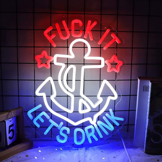 JFLLamp FUNK IT LET'S DRINK Neon Signs for Wall Decor Anchor Decor Neon Lights for Bedroom Led Signs Suitable for Man Cave Beer Bar Pub Restaurant Christmas 5V Usb Power, 14.5*16 Inch(Red+White+Blue)