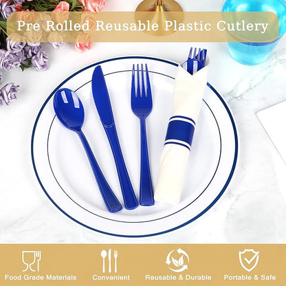 50 Pack Pre Rolled Blue Plastic Silverware Set,Wrapped Plastic Cutlery Set with Napkin Include 50 Forks,50 Spoons,50 Knives and 50 White Napkins for Party,Wedding,Christmas
