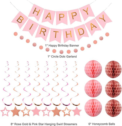 meowtastic Birthday Decorations, Happy Birthday Banner with Honeycomb Ball, Star Hanging Swirl Streamer, Circle Dot Garland, Happy Birthday Party Decoration for Women Men Boy Girls (Rose Gold & Pink)