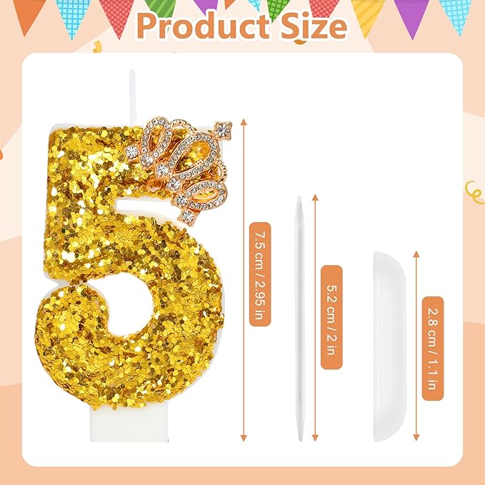 Gold Birthday Candle Crown Number 5 Candle with Sequins Cake Candles Cupcake Decorations Party Decor for Anniversary Celebrations Supplies