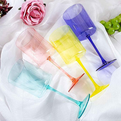 Ciaell 4 Pack Plastic Drinking Glasses - 10 Oz Plastic Glasses with Stem - Disposable Glasses Perfect for Parties & Weddings & Poolside & Outdoors & Camping (Pink Green Purple Yellow)